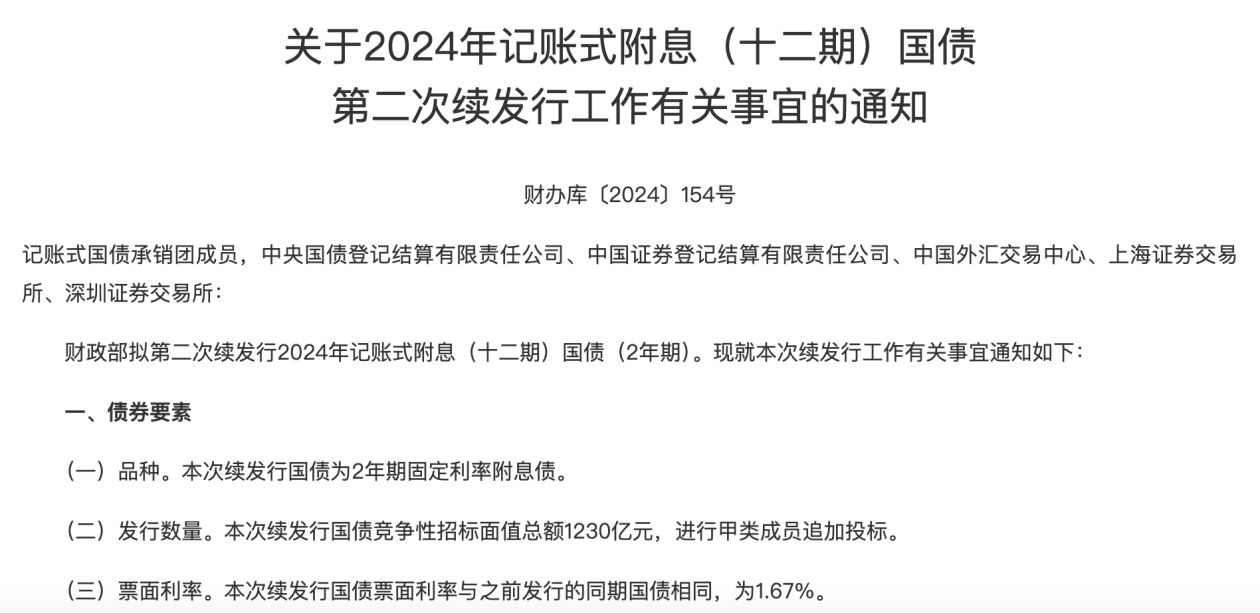 財(cái)政部擬第二次續(xù)發(fā)行2024年記賬式附息（十二期）國(guó)債